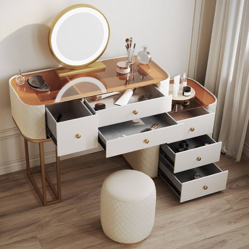 Modern Makeup Vanity Set with Mirror，Tempered Glass Tabletop, 6 Solid Wood Drawers with Leather, Gold-Plated, Stool, Beige