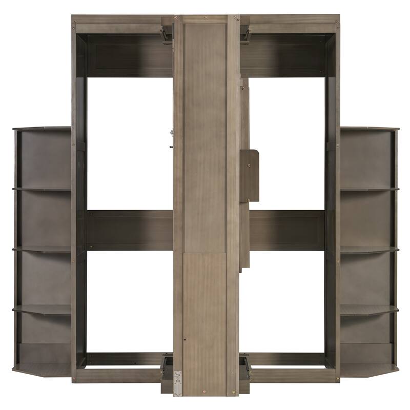 Rotating Queen Size Murphy Bed Foldable Bed Frame with Hidden Wall Cabinet, Side Shelves, Convertible Desk and Bookshelves