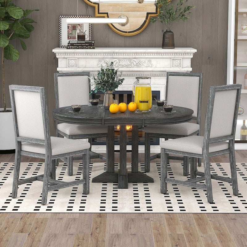 Wooden Round Drop Leaf Extendable Dining Table Set with 4 Upholstered Chairs