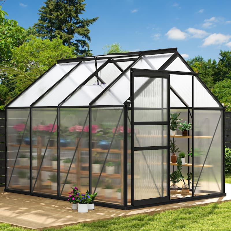 Moasis 6'W X 4/6/8/10/12/16'D Dual-wall PC Walk-in Hobby Greenhouse with Aluminum Frame - 6'W X 8'D Black