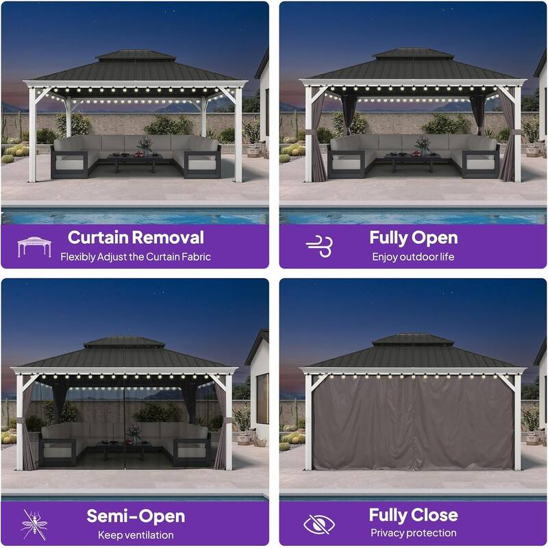 PURPLE LEAF Patio Hardtop Gazebo Pro for Outdoor Grey Galvanized Steel Double Roof White Aluminum Poles