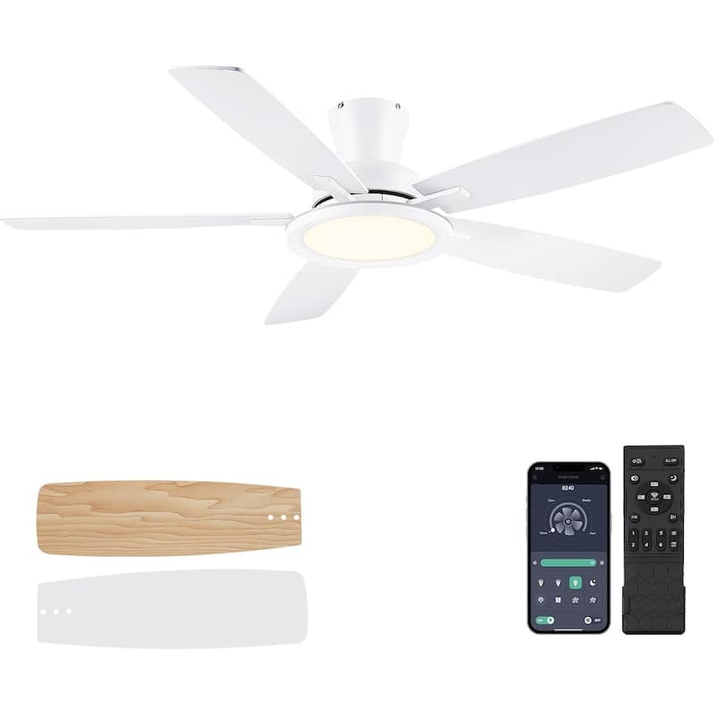 52" RGB Low Profile Ceiling Fan with LED Light,Remote and App Control for Bedroom Living Room - 52 Inches - White
