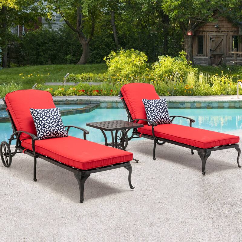 3-Piece Aluminum Reclining Outdoor Chaise Lounge with Table and Cushions