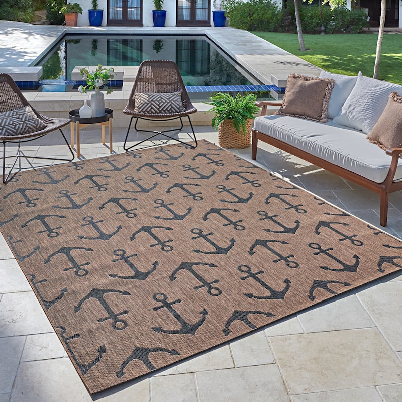 Gertmenian Solterra Nautical Coastal Tropical Weather Resistant Polypropylene Flatweave Indoor/ Outdoor Area Rug Collection - Dockside Havana - 8'9"x13'1"