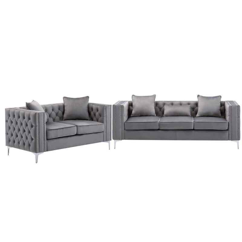 Velvet Fabric Sofa Loveseat Living Room Set - Grey