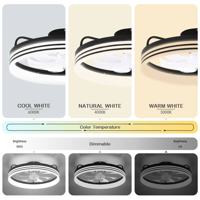 Bella Depot 20" Modern Flush Mount Ceiling Fan with APP Control, 6-Speed Low Profile Reversible Ceiling Fan with Dimmable Light