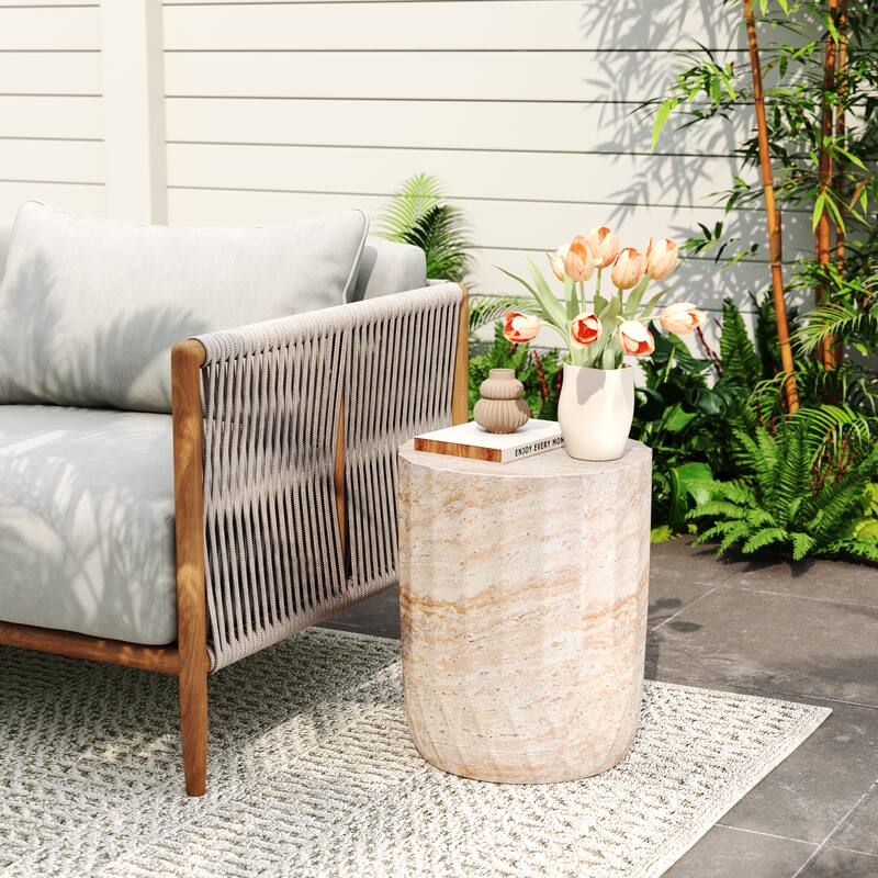 Outdoor Indoor Lightweight Concrete Side Table, Cylinder Travertine Finish Accent Table - 18.47 - 18.47