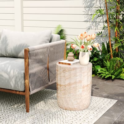 Roomfitters Durable Lightweight End Table, Round Cylinder Accent Side Table for Patio or Home Decor, Travertine Finish