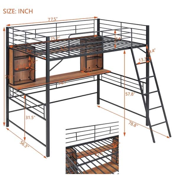 dimension image slide 1 of 2, Full Size Loft Bed With Desk And Storage Shelves And Ladder for Home