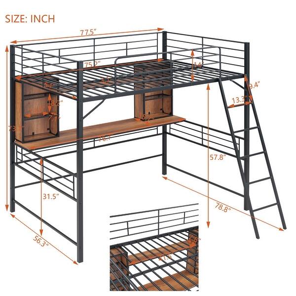 dimension image slide 2 of 4, Space-Saving Metal Loft Bed with Desk and Storage Shelves