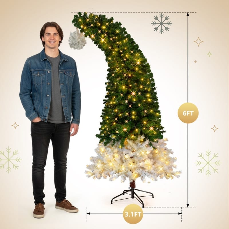 6 FT Santa Hat Style Pre-lit Christmas Tree, Hinged Artificial Xmas Tree Pine Tree for Holiday Party Store Office Home