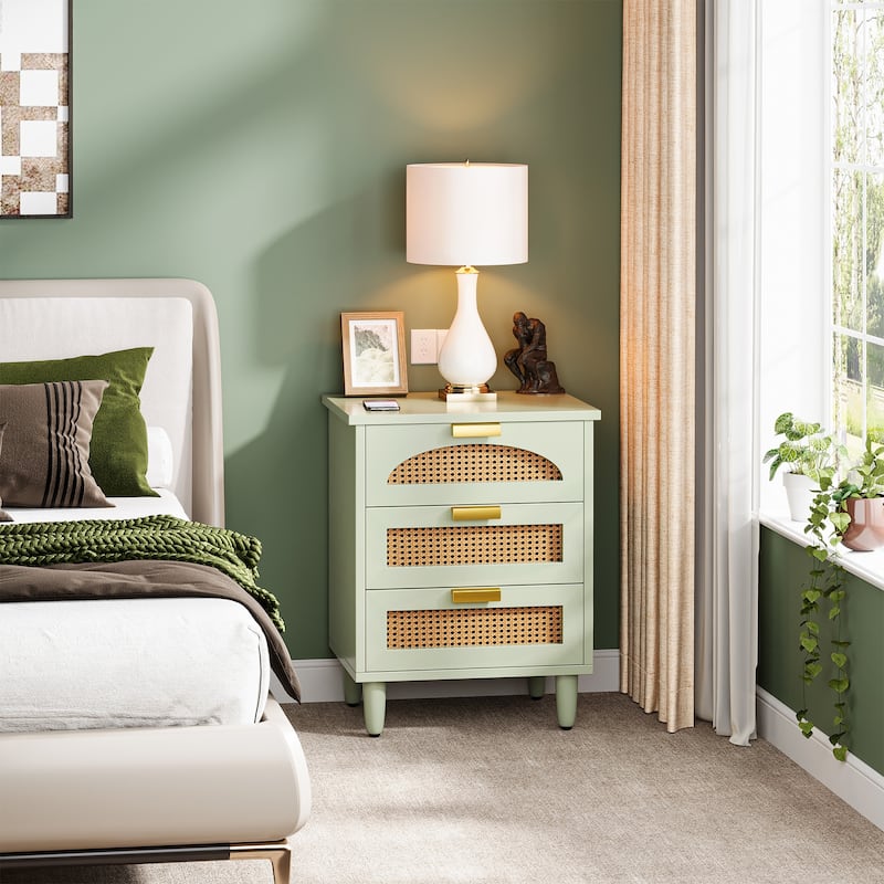 Wood/ Rattan Nightstand Bedside Table with 3-drawer