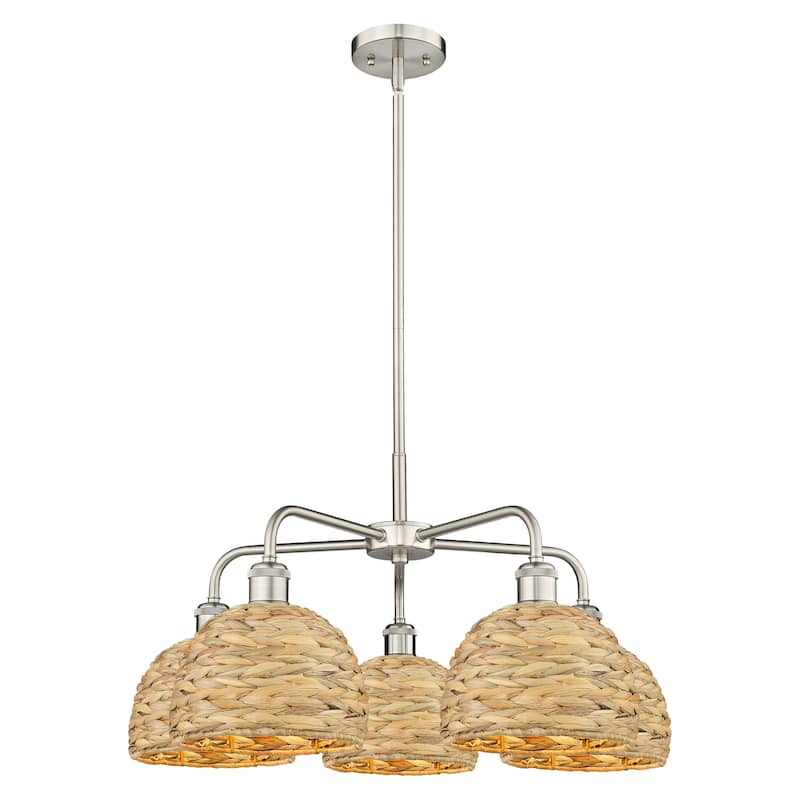 Innovations Lighting Endless Possibilities Ballston - Woven Rattan - 5 Light 27" Stem Hung Chandelier - Satin Nickel