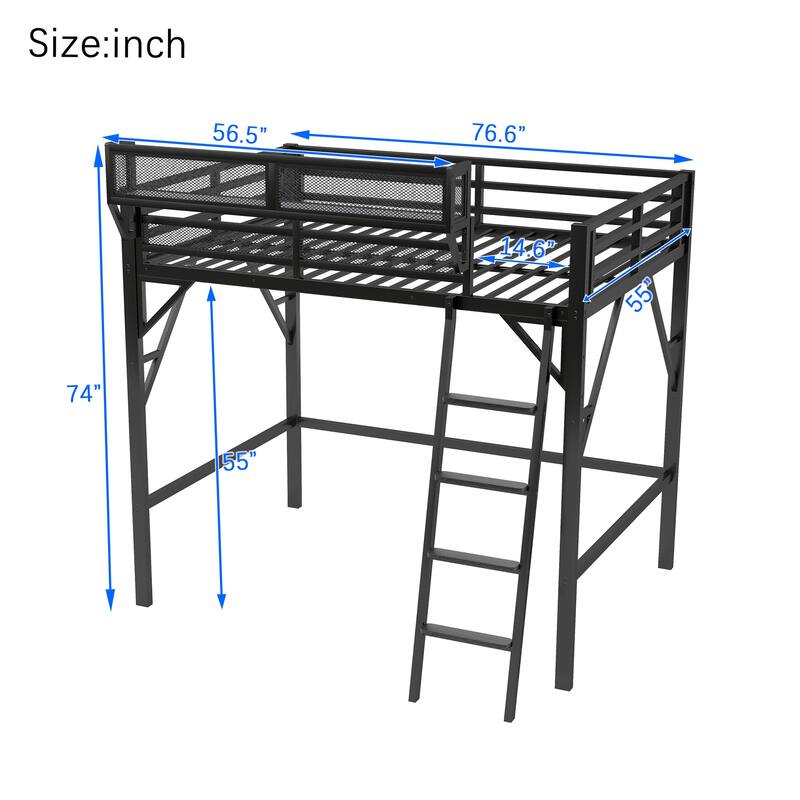 Iron Loft Bed Frame with Storage Shelves, Heavy Duty Metal Loft Bed, Kids High Loft Bed with Full Length Guardrail