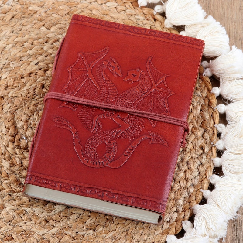 Novica Handmade Twin Dragons Embossed Leather Journal