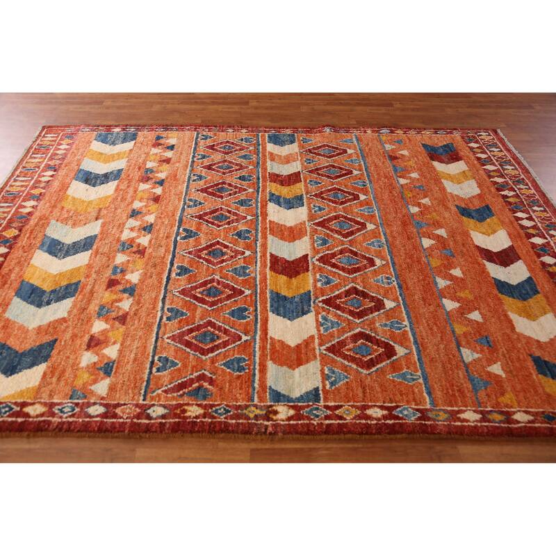 Orange Tribal Geometric Moroccan Rug Hand-Knotted Wool Carpet - 6'7" x 9'6"