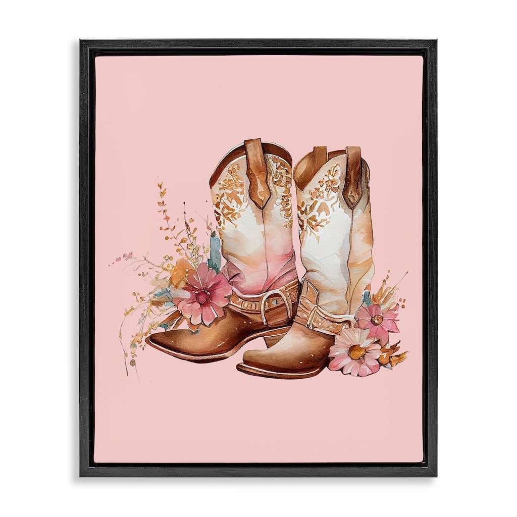 Stupell Floral Pink Cowgirl Boots Framed Floater Canvas Wall Art Design by Birch&Ink