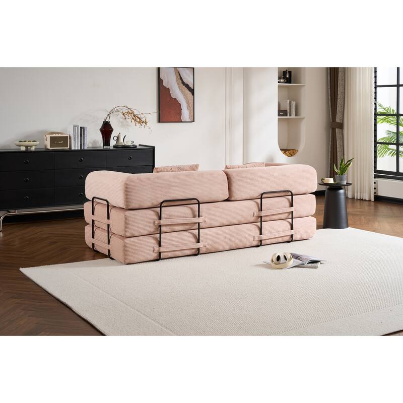 Convertible Sleeper Sofa Bed with Cylindrical Pillow, Corduroy Folding Mattress Couch with Fixed-Shape Frame