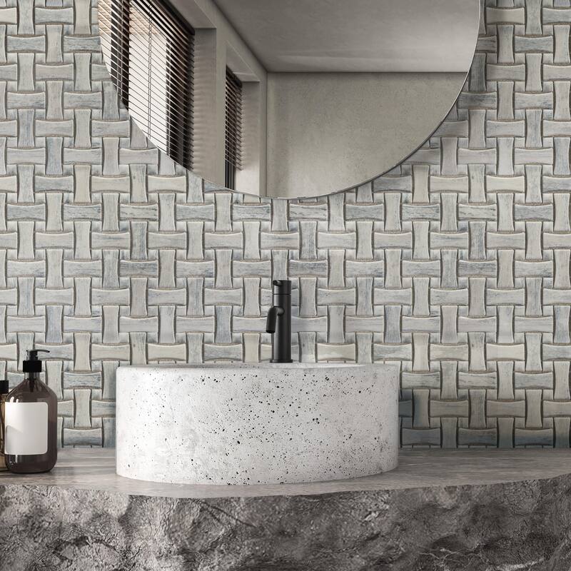 Merola Tile Cassis Dog Bone Basketweave White w/ White Dot 10" x 10" Porcelain Mosaic Floor and Wall Tile - Case (10 Tiles)