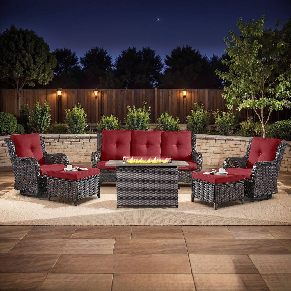 Gymojoy 6-Piece Outdoor Furniture Sofa Set with 2 Swivel Chairs, 2 Ottomans & 55K BTU Fire Pit Table