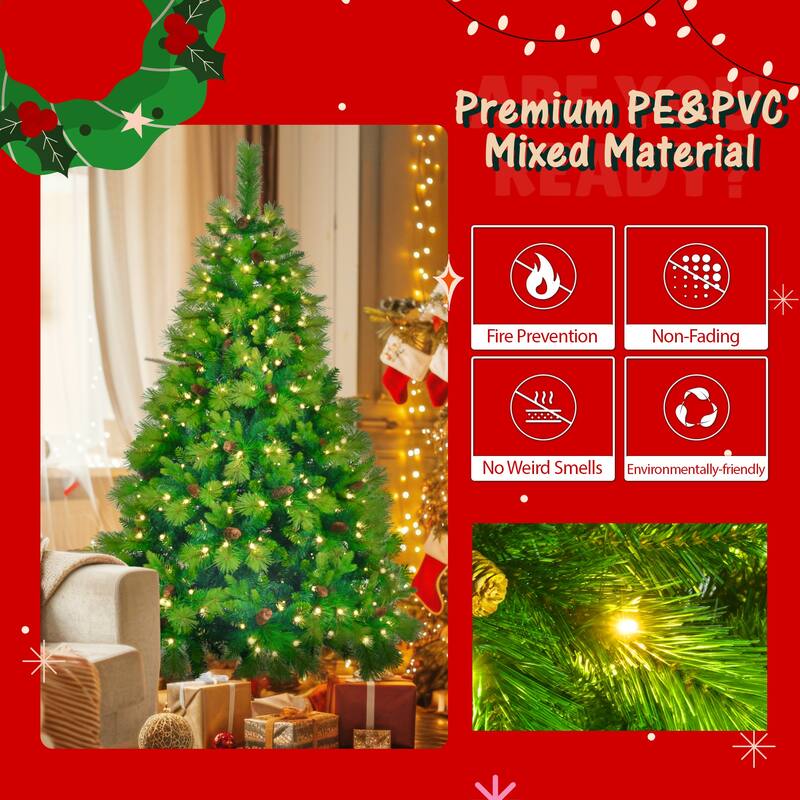 6FT Pre-Lit Christmas Tree with Garland & Wreath Set, LED Multi-Color & Warm Lights, Green and White Tips