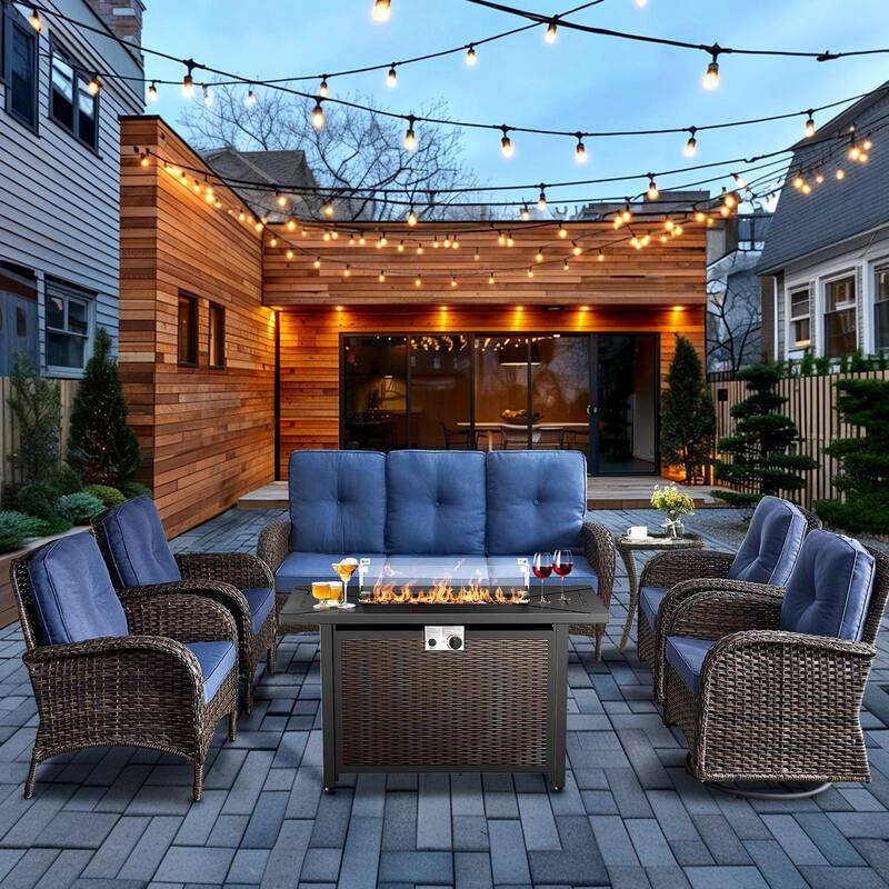 Pocassy Outdoor Fire Pit Conversation Sofa Set - Brwon Wicker Blue Cushion - 7PCS Fire Table w/ Sofa Chair Set