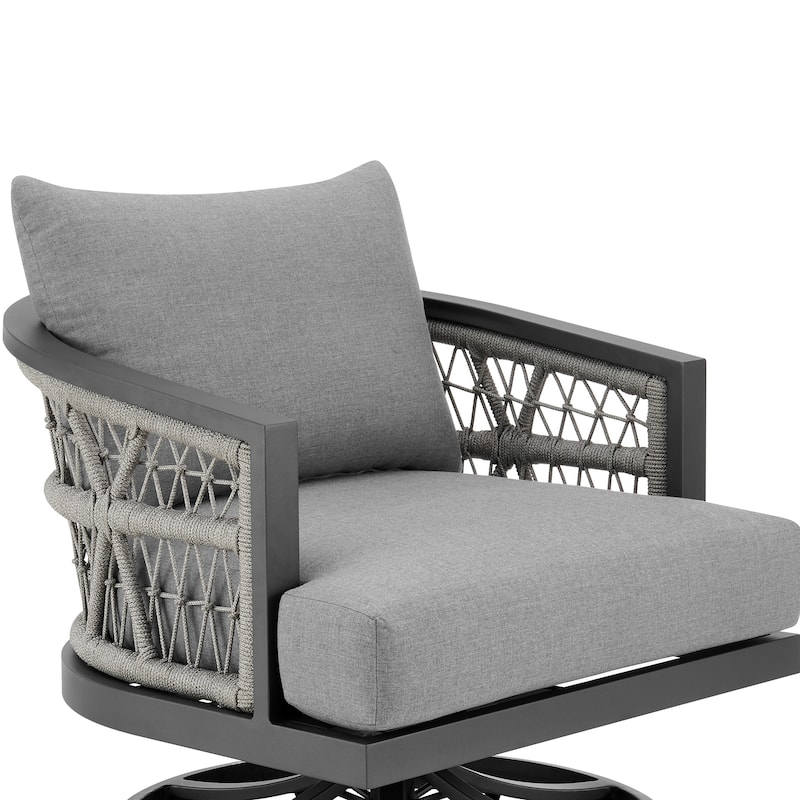 Zella Gray Rope and Aluminum All Weather Swivel Outdoor Patio Arm Chair with Gray Cushions