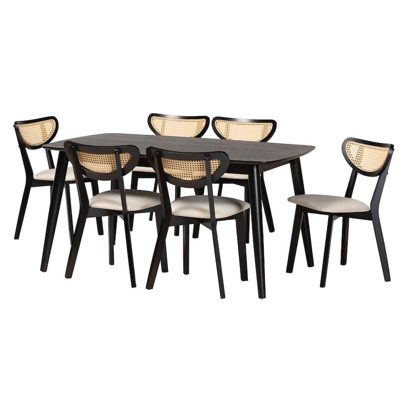 Dannell Mid-Century Modern Fabric and Wood Dining Set - Cream, Black, Light Brown - 7PC Dining Set