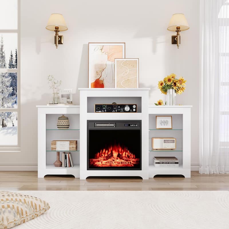 32" H Fireplace TV Stand, 55/70 Inch Media Console for TVs up to 80", Remote, Storage & LED Lights - 55" - White