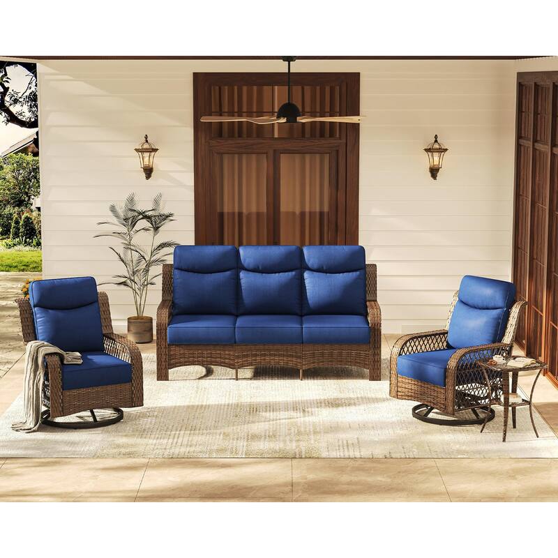 High Back Outdoor Swivel Rocker Patio Chairs Set of 2 with 5-Inch Thick Cushions and Side Table for Porch, Poolside - 6PCS - Swivel Gliders & 3-Seat Sofa