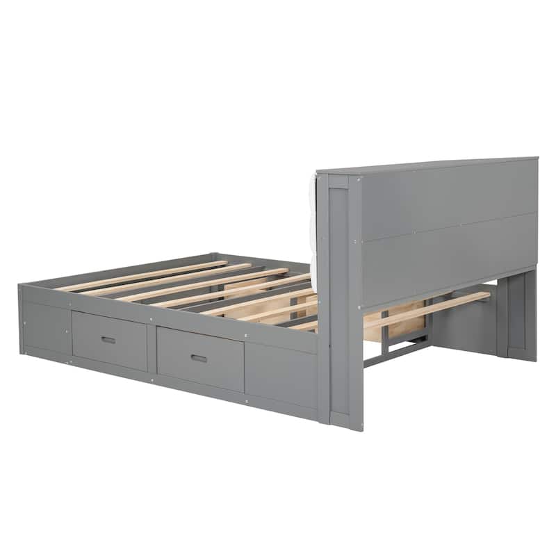 Wood Queen Size Platform Bed with Storage Headboard,Shoe Rack and 4 Drawers