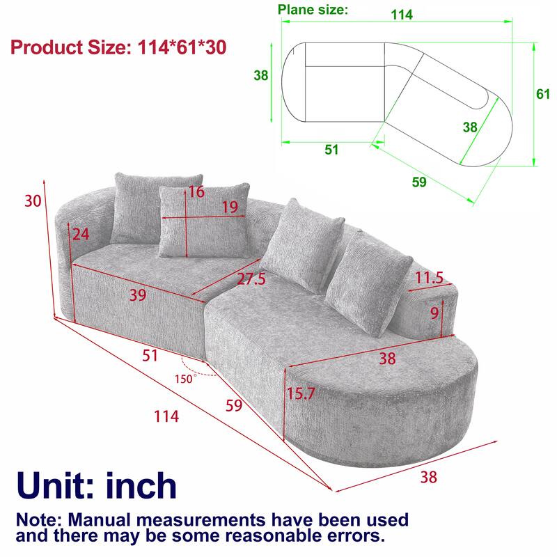 Modern Chenille Sectional Sofa with Deep Seating and 4 Throw Pillows for Living Room and Guest Room, No Assembly