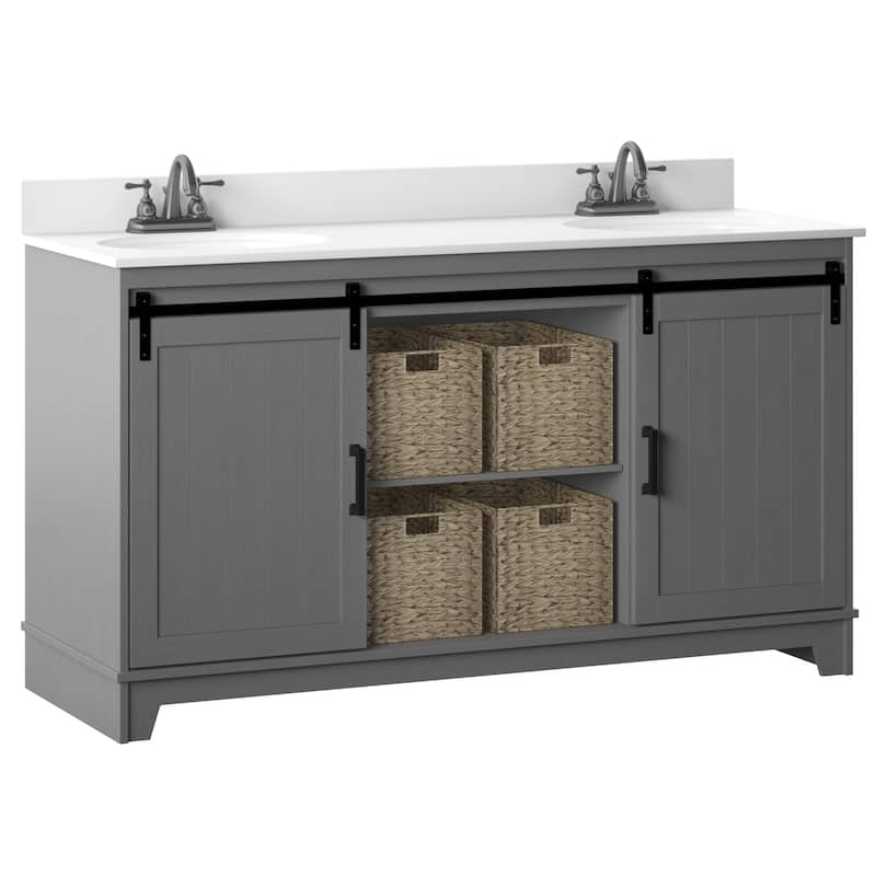 60" Sliding Barn Door Double Sink Bathroom Vanity with 4 Woven Baskets - Antique Gray