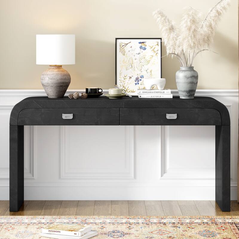 60''Wooden Entryway Table with Burl Veneer, Console Table with 2 Large Drawers and Metal Handles,Multi-Functional Sofa Table