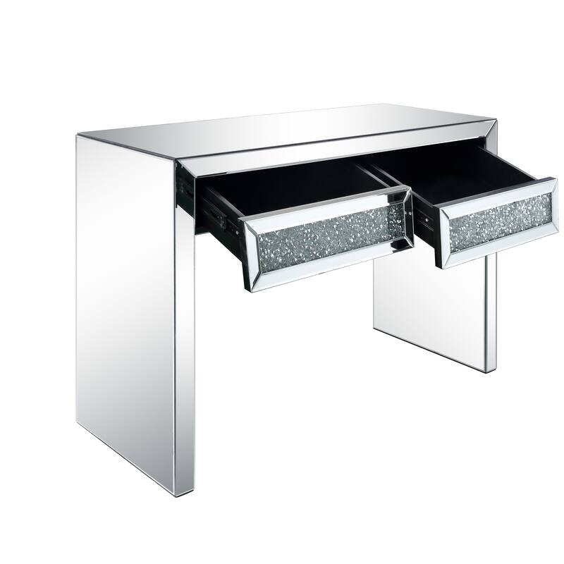 Console Table with Two Storage Drawers and Faux Diamond Inlay, Silver