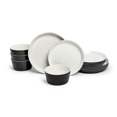Sango Stockholm 12-Piece Black/White Stoneware Dinnerware Set - Service for 4, Plate & Bowl Set, Modern White