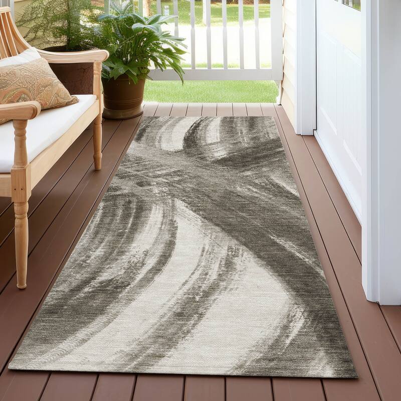 Machine Washable Indoor/ Outdoor Abstract Brushstroke Chantille Rug - Taupe - 2'3" x 7'6"