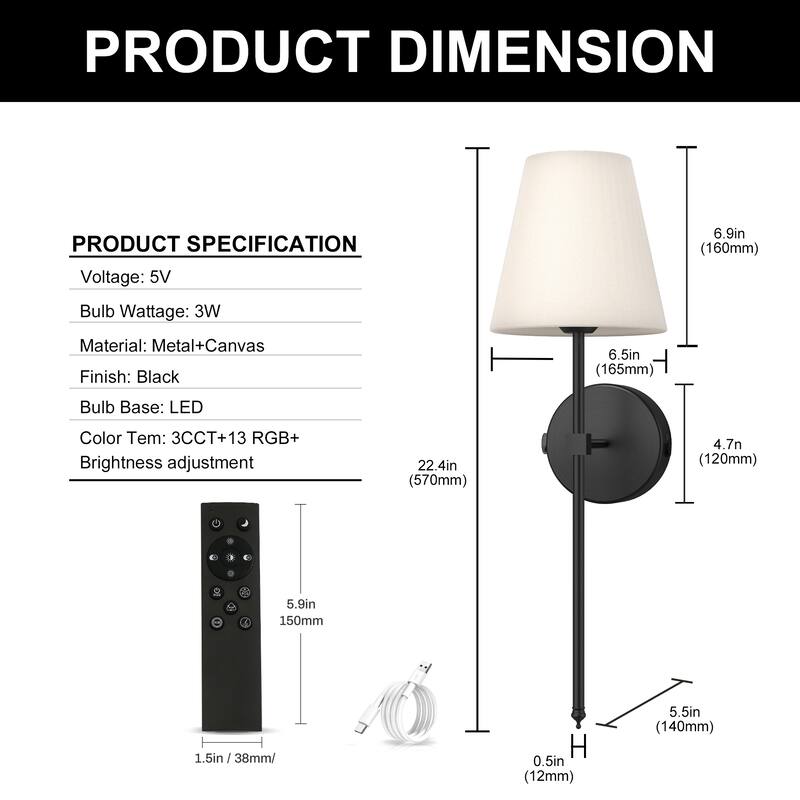 YANSUN Indoor Rechargeable Wall Light With White Fabric Shade Infrared Remote Control, Set of 2, Matte Black - 12*8*7