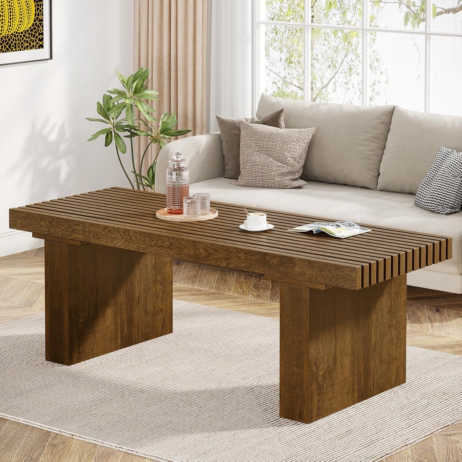 47.24-Inch Rectangle Coffee Table, Wood Modern Coffee Table for