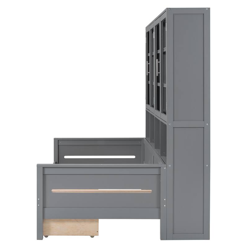 Twin Size Wooden Daybed with Glass-Door Storage, LED Lighting, and Shelves, Gray