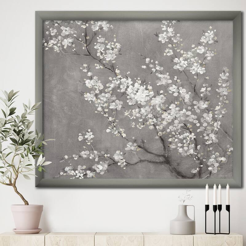 Designart "White Cherry Blossoms II" Traditional Framed Art Print