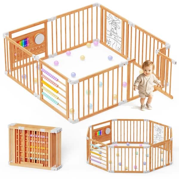 slide 2 of 8, Foldable Wooden Playpen with Door, Adjustable, 1-8 years, Safety Gate Beige