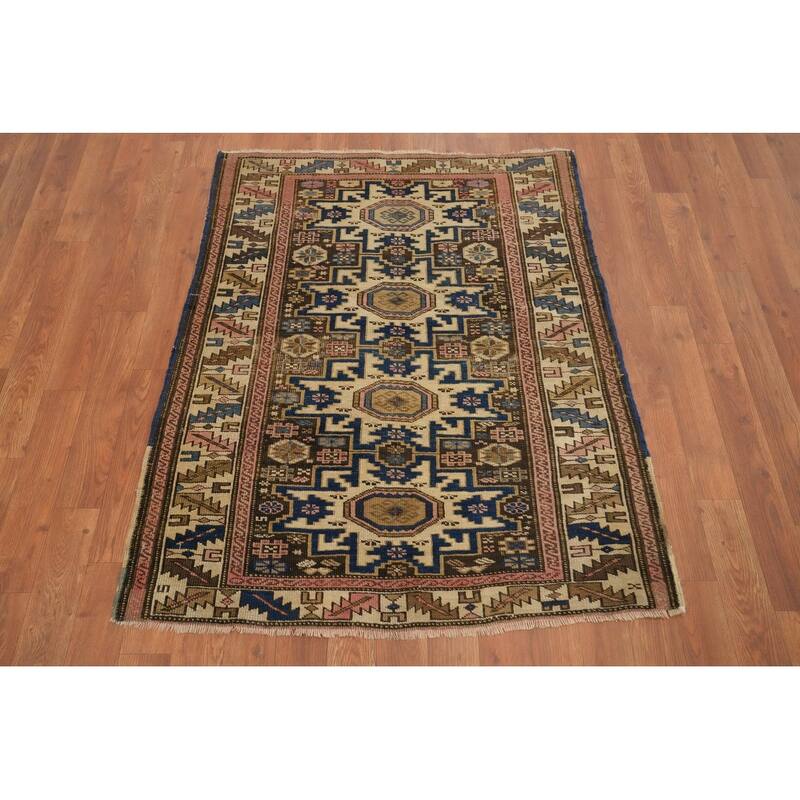 Hand Knotted Oriental 100% Wool Carpet Traditional Geometric Beige & Ivories Kazak Area Rug - 3' 9'' X 3' 0''