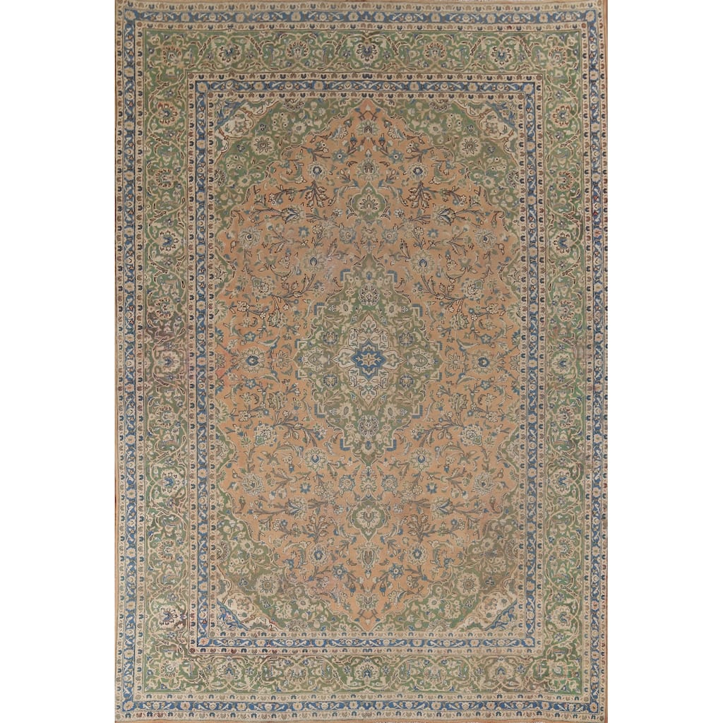 Kashan Vintage Persian Rug Hand-Knotted Floral Wool Carpet - 9'9" x 12'11"