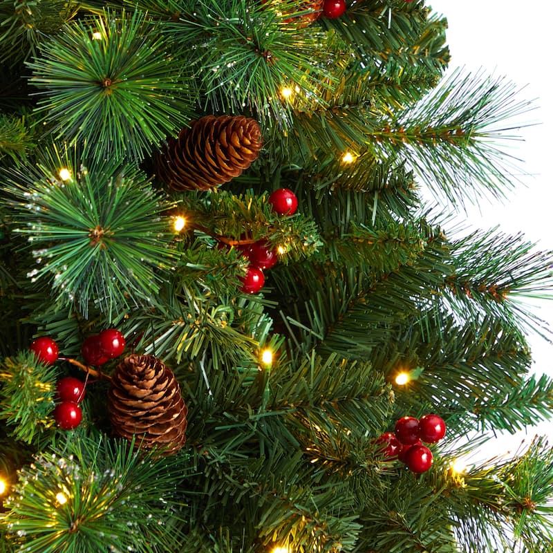 7Ft Artificial Christmas Tree with Warm White Lights & Pinecone Accents - Green - 84
