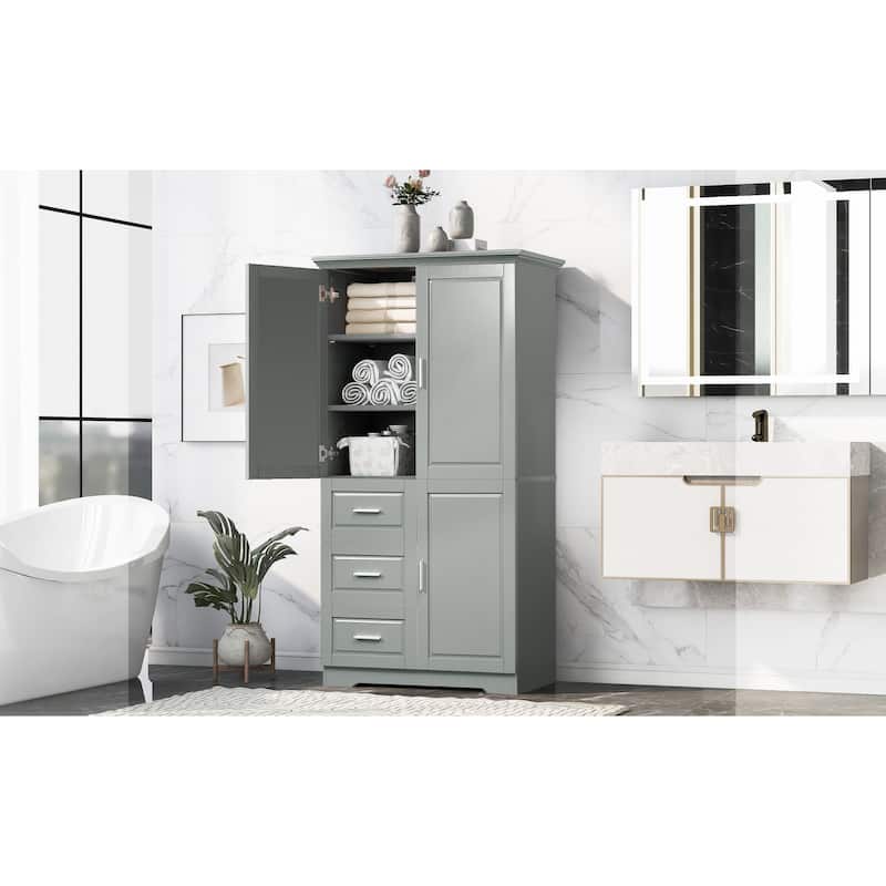 3 Doors 3 Drawer Bathroom Cabinet, Wooden Bathroom Towel Cabinet Large 62-inch Storage Cabinet Bathroom Organizer Cabinet
