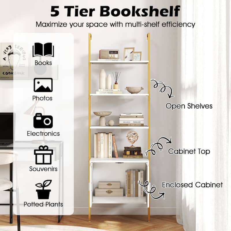 Engineered Wood Ladder Bookshelf with Cabinet Storage - 24" x 14" x 72.5"