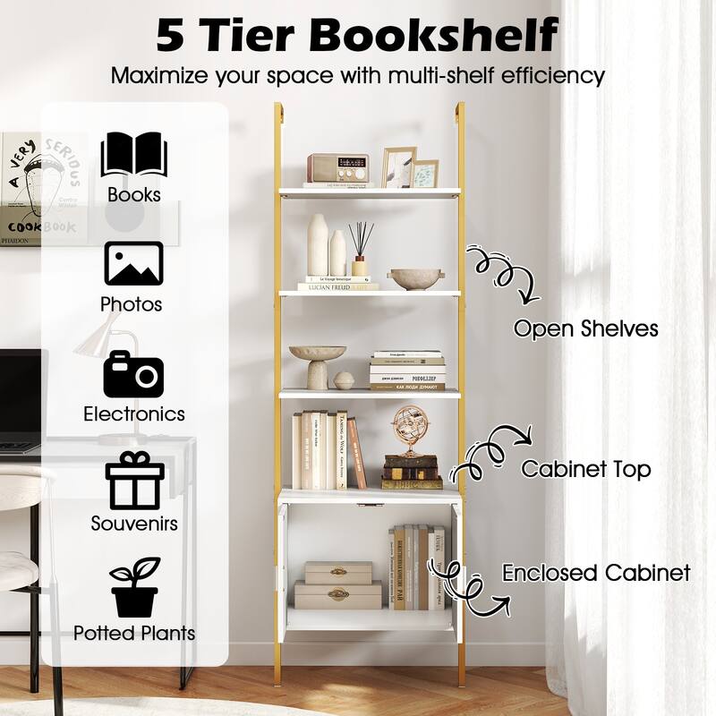 Gymax 72.5'' Tall Bookshelf 5 Tier Wall Mount Ladder Bookcase w/