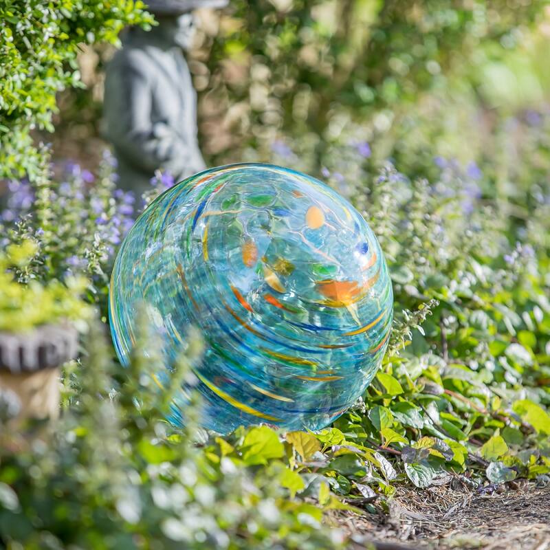 10" Art Glass Aqua Confetti Gazing Ball with Stand