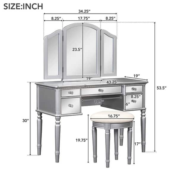 Makeup Vanity Dressing Table Set with Tri-fold Mirror, Drawers, Stool ...